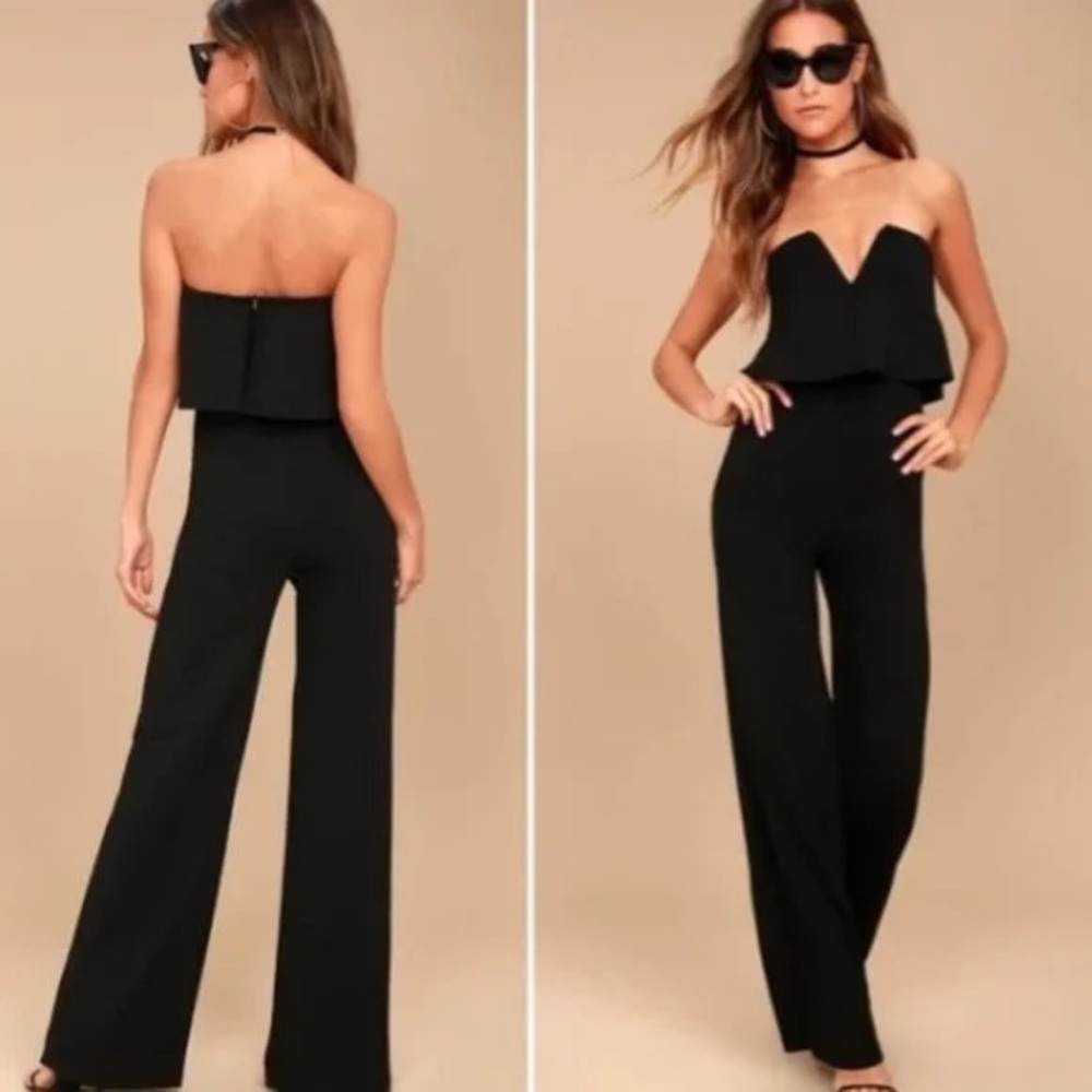 Lulu’s Power of Love Black strapless Wide Leg Jumpsuit Size XS